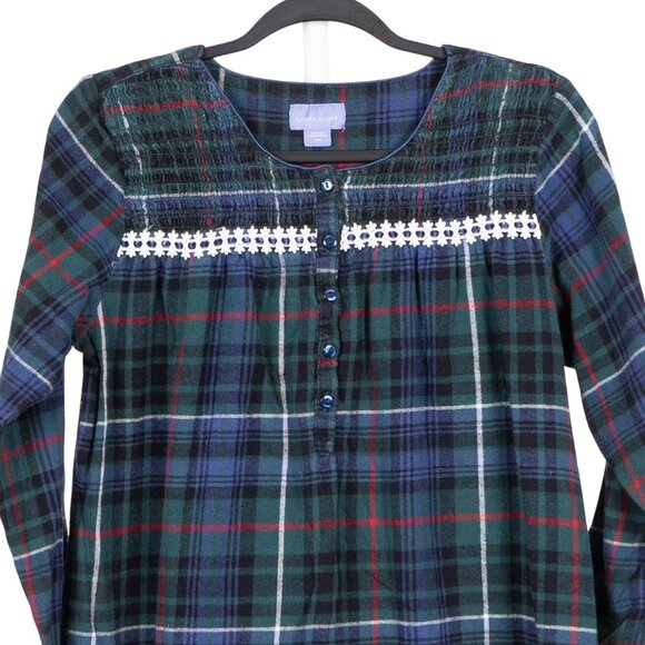 Laura Scott Plaid Nightgown M Womens Green Blue Ruffle Flannel Cotton Buttons - Picture 2 of 7